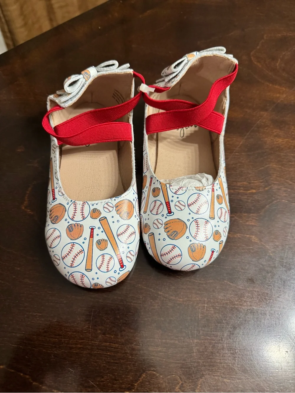 Monkey Feet White Baseball Print Mary Janes with Red Straps New no tags